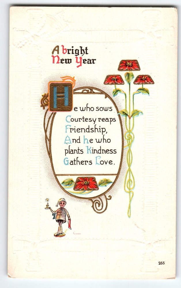 Vintage 1916 Embossed New Year Postcard with Kindness Poem & Poinsettias