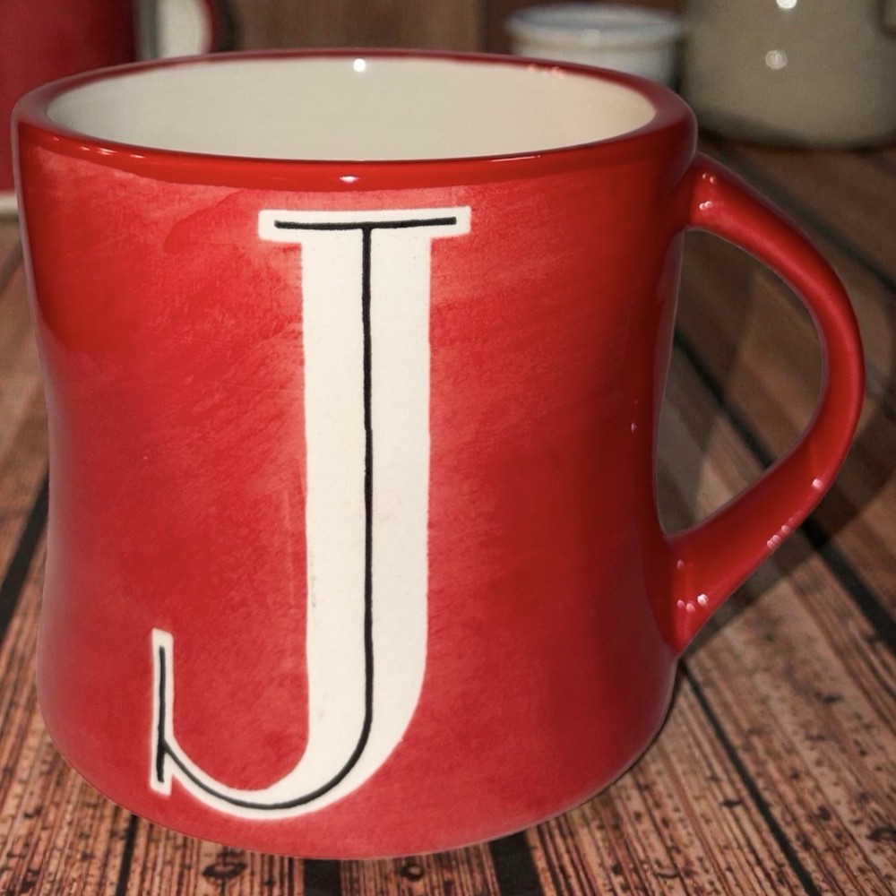Anthropologie Hand Painted Monogram Initial J Red Coffee Mug 14 Oz, Free Ship