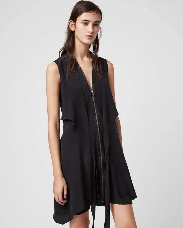 AllSaints Black Silk Asymmetric Knee Length Jayda Dress Zipper Draped | Size L