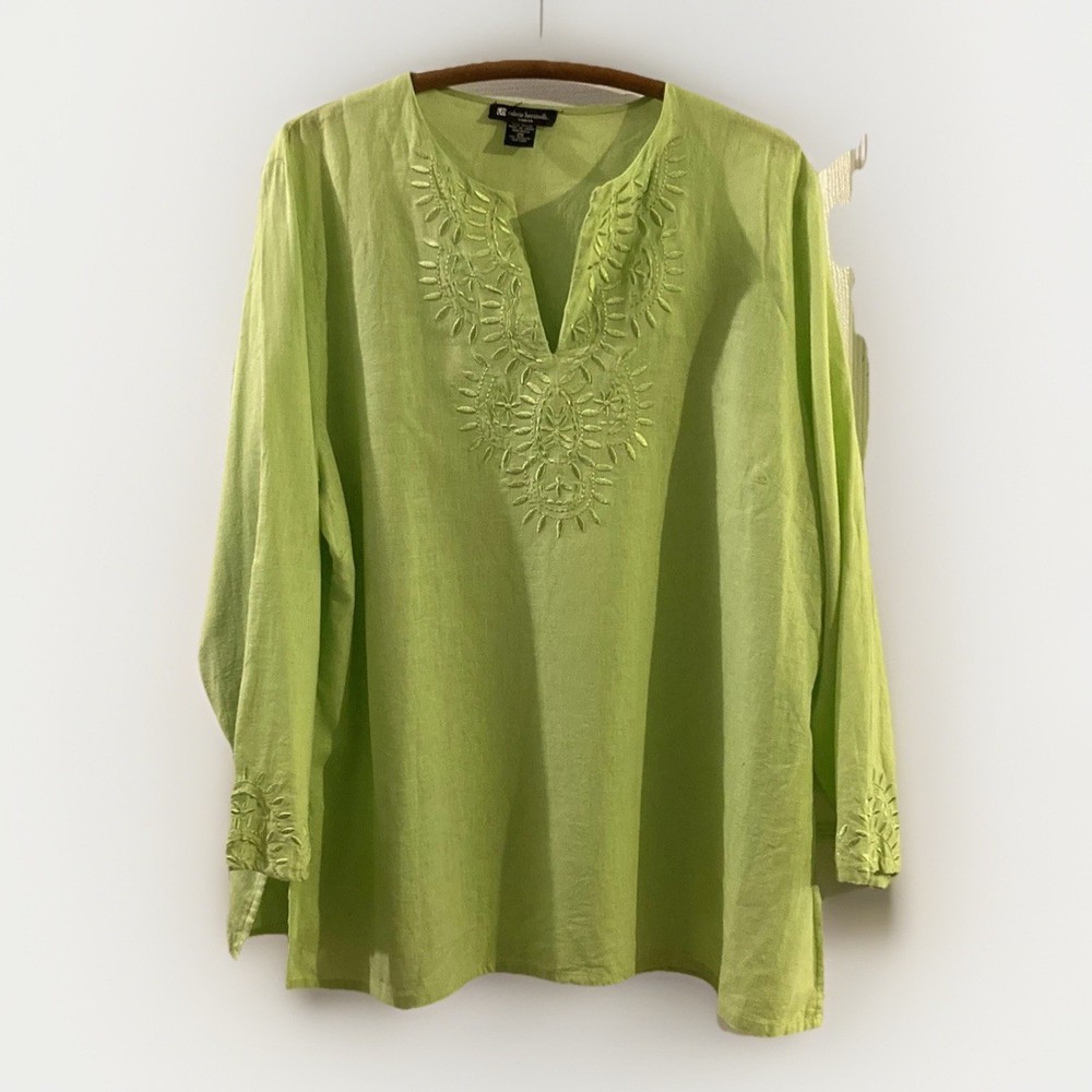 Bright Green Linen/Rayon Long Sleeve Tunic Blouse/ Size 2X, Valerie Bertinelli