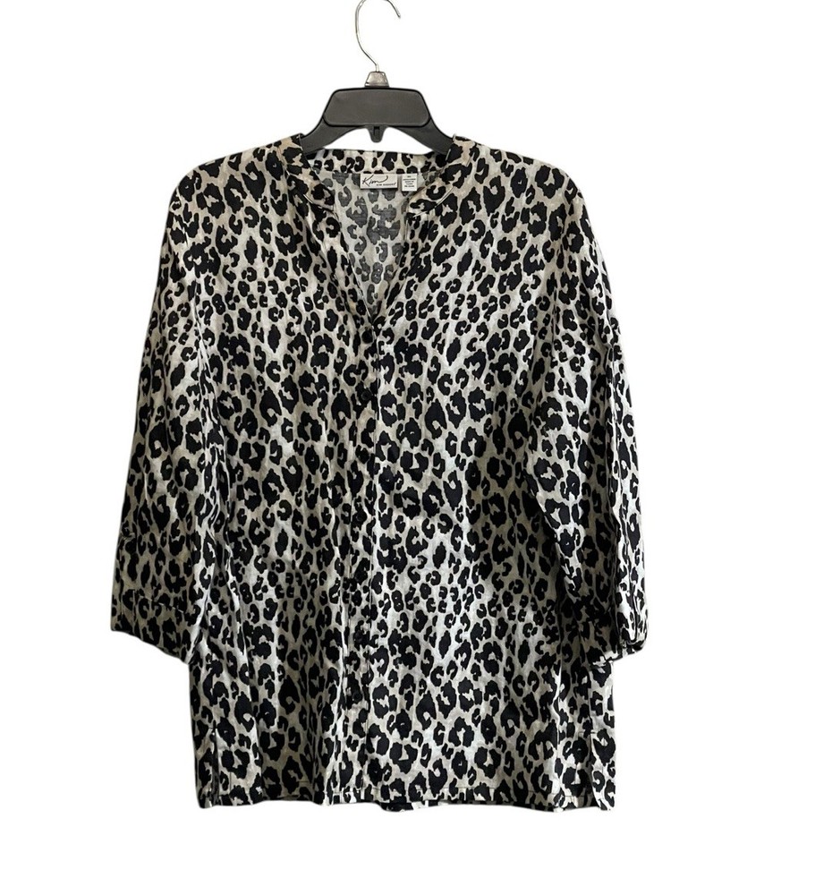 Kim Rogers Linen Button Up Top XL Leopard Animal Print Luxury Casual