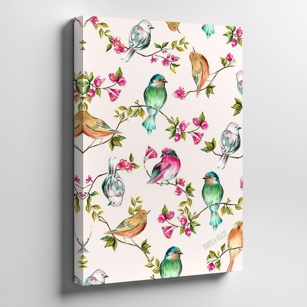 Colorful Birds And Blossoms Canvas Wall Art Floral Nature Print For Home Decor