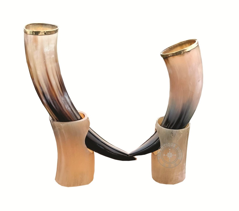 Viking Style Antique Horn Drinking Mug Set with Stand - 2 Pieces