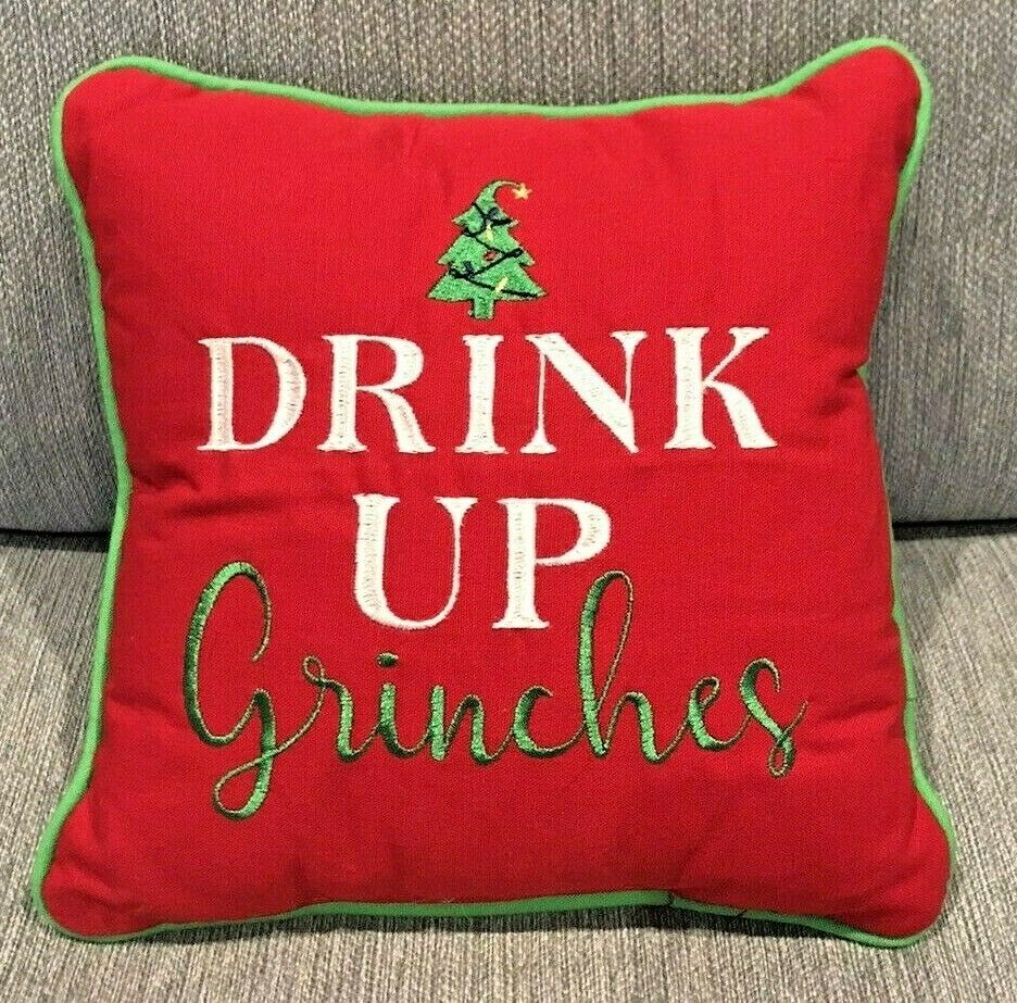Red Grinch Christmas Holiday Accent Pillow 9 Inch Festive Drink Up Design-image