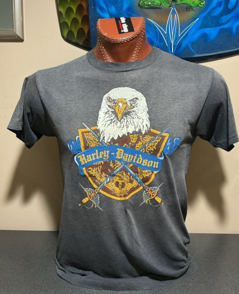 Vtg 1980's Harley-Davidson Eagle Medieval Swords & Shield t-shirt Rockville MD L