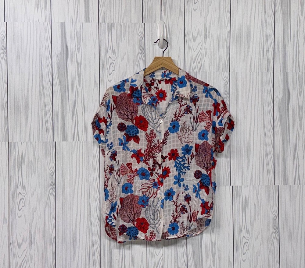 Jane + Delancey top womens medium button up short sleeve blouse white floral