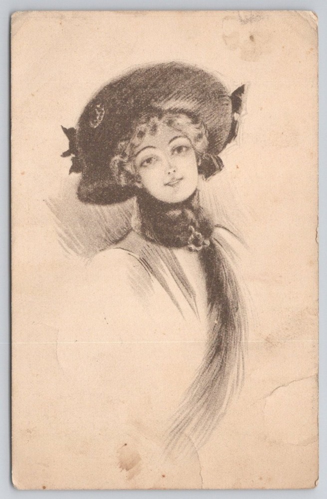 1911 Edwardian Woman Postcard Big Hat Fur Stole Mt. Vernon Ohio Postmark