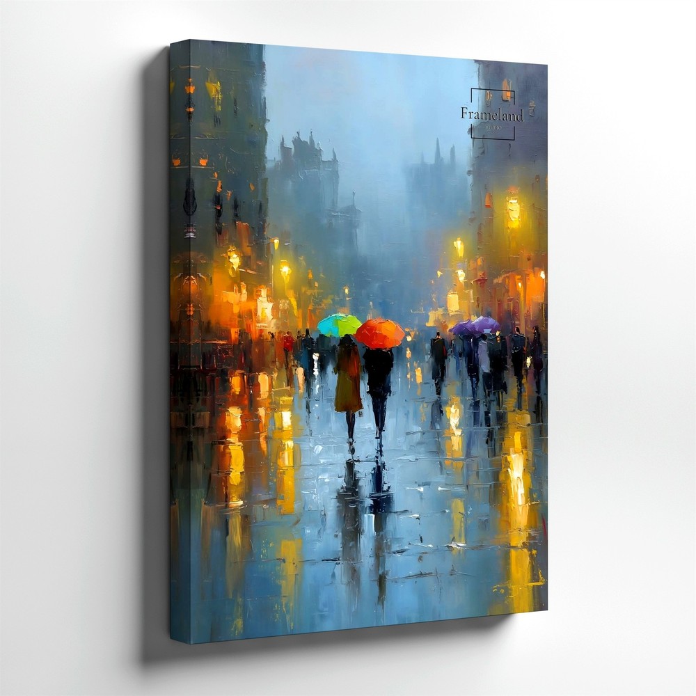 Wall Art Abstract Rainy City Street Painting Colorful Umbrellas Night Canvas