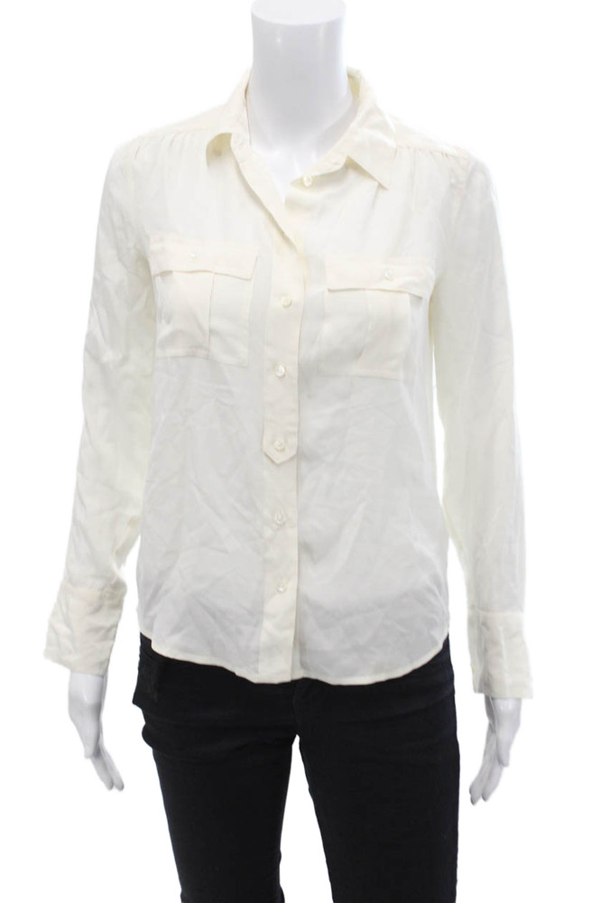 J Crew Womens Button Front Long Sleeve Collared Silk Shirt White Size 00Free Shipping in US $100+ Orders | $6.95 Orders Below