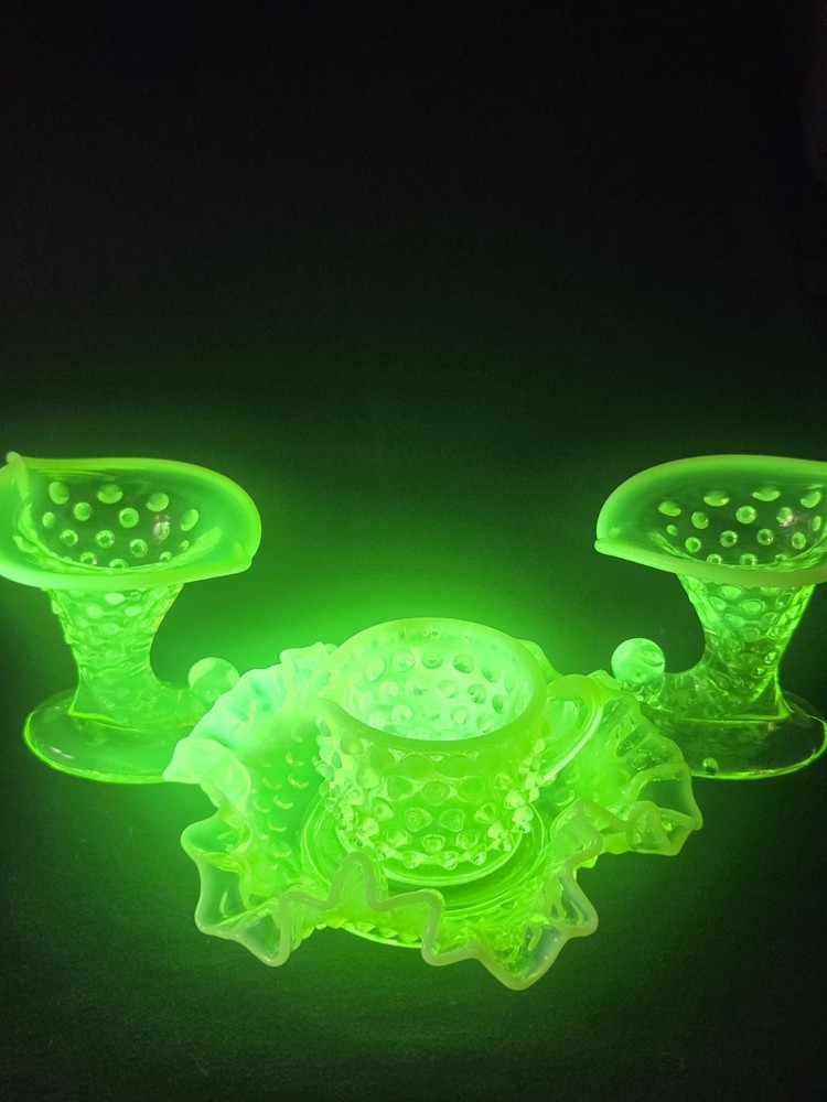 Fenton SET Topaz Uranium Opalescent Hobnail Dish, Cup, And Two Cornucopia