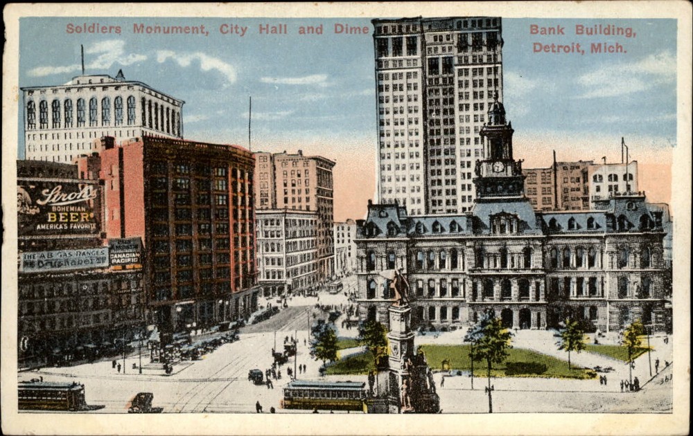 Soldiers Monument City Hall Dime Bank Bldg Detroit Michigan ~ 1920s postcard