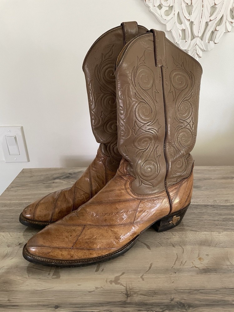 Vintage Justin Mens 10.5 Eelskin Leather Western Cowboy Boots Rare Find