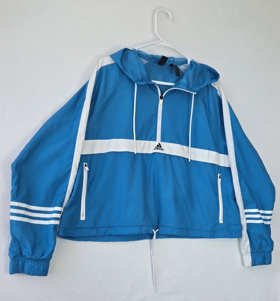 Adidas Light Blue White Stripe Cropped Half Zip Windbreaker Jacket Womens Sz XL