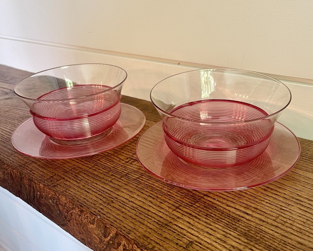 Steuben-Two Carder Era Gold Ruby Threaded Finger Bowls & Underplates-Shape 3390