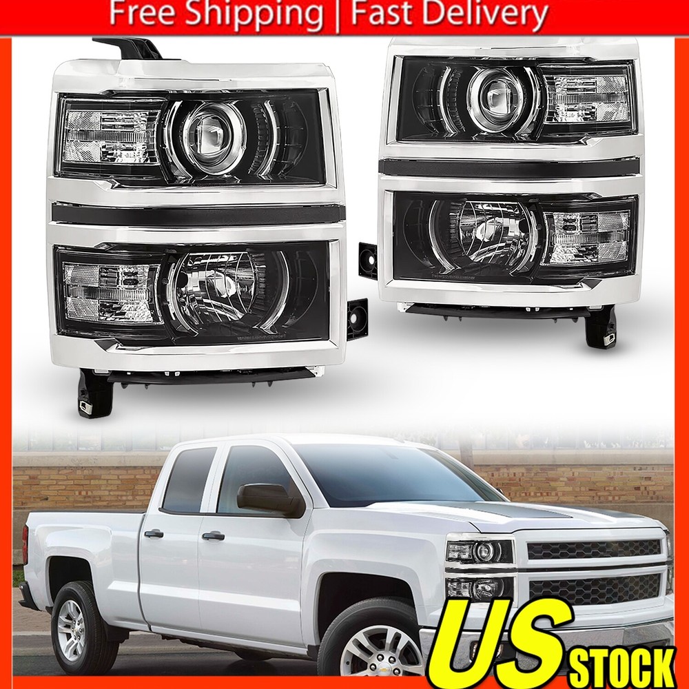 Black Clear Projector Head Lights Lamps LH RH For 2014-15 Chevy Silverado 1500