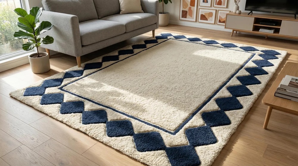 Hand Tufted Rug Blue Geometric Border, Modern Area Carpet Living Room Carpet Rug