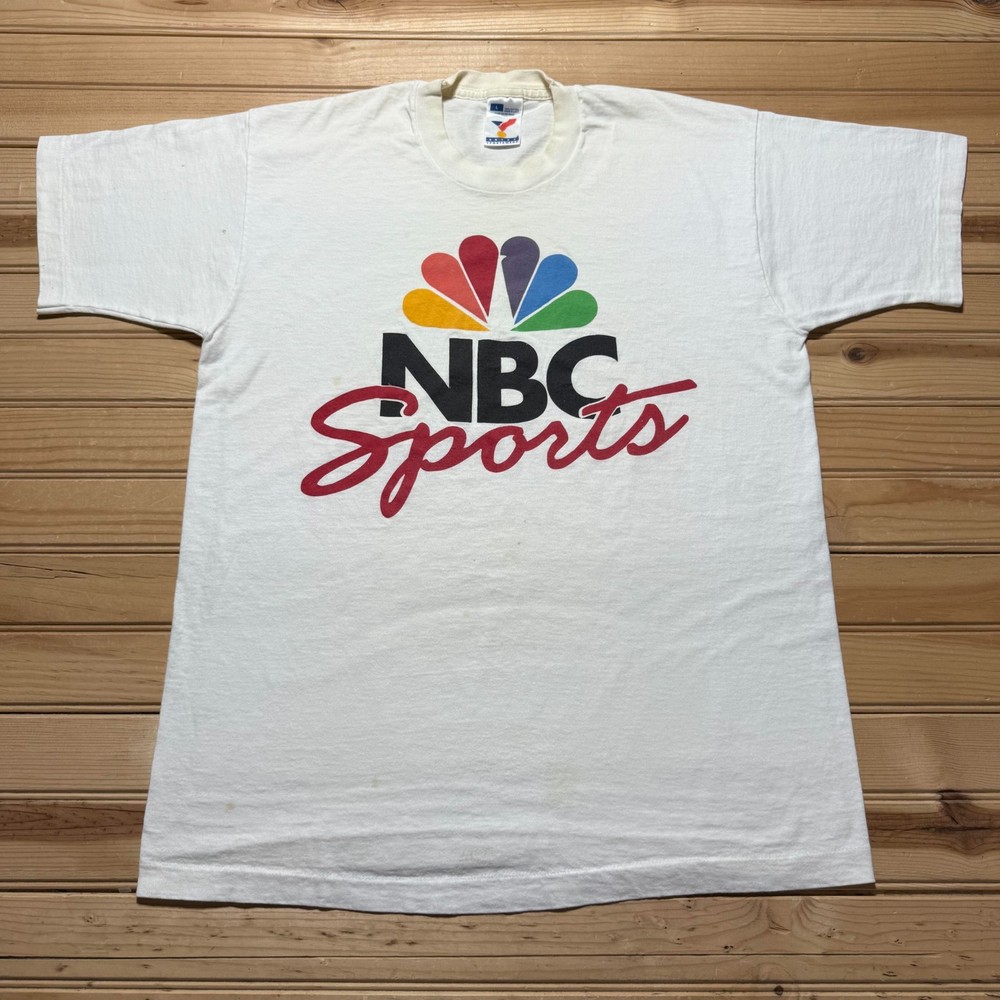 Vintage 80s 90s NBC Sports Rainbow Peacock Logo T-Shirt USA Made - Size Large