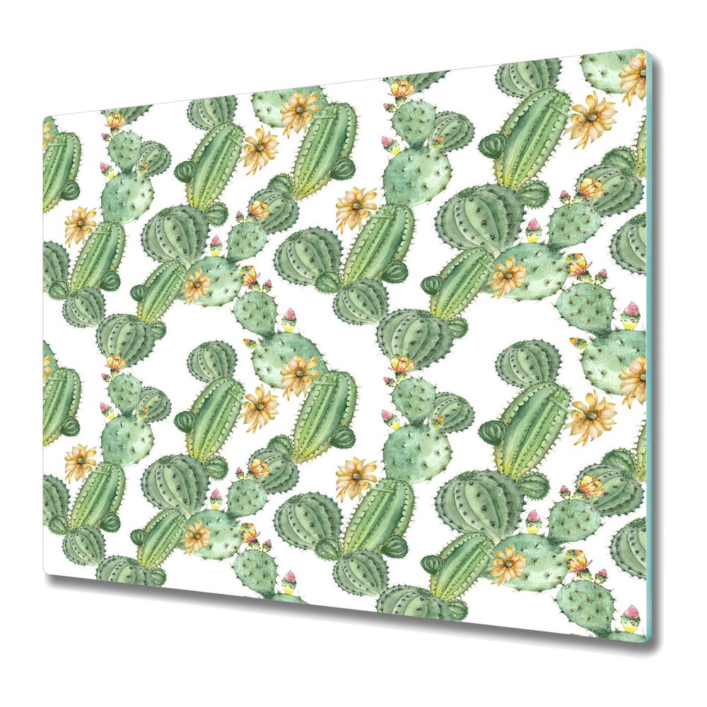 Glass Chopping Board Worktop Saver Cacti with flowers green and white 60x52