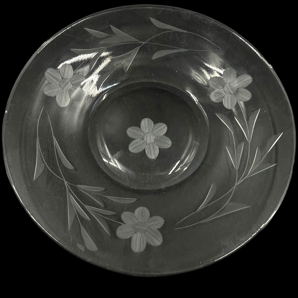 Vintage Clear Floral Etched Cut Crystal Glass Dessert Snack Bread Plate 6