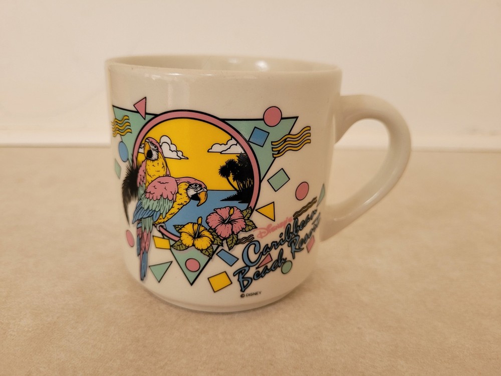 90s Vintage Disney World Caribbean Beach Resort Mug with Parrots & Flowers