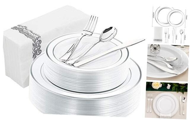 150PCS Plates Plastic - Disposable Plasticware Christmas plates include Silver