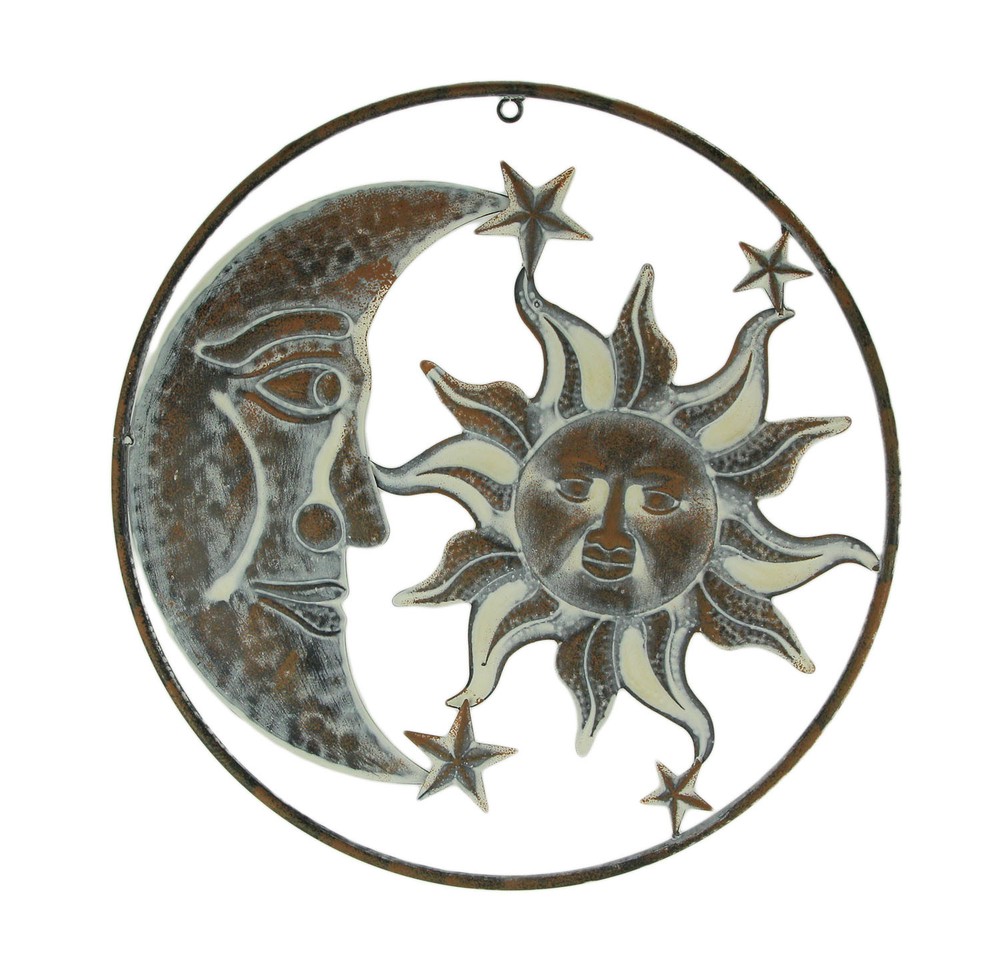 Rusty White Metal Indoor Outdoor Celestial Sun Moon and Stars Wall Decor, Right