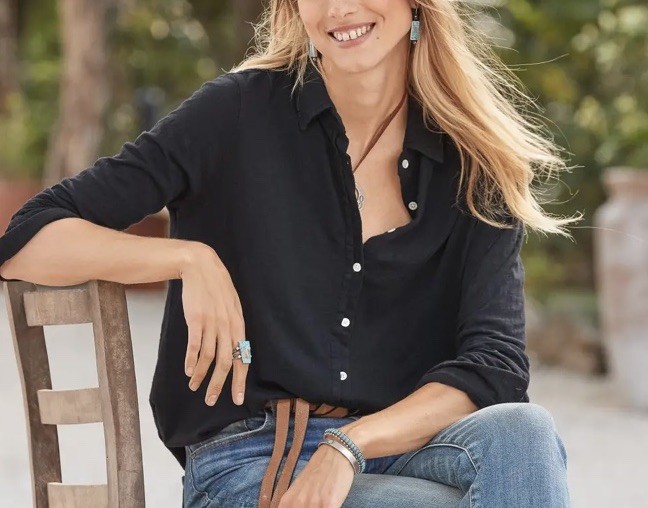 NEW Sundance Catalog DYLAN BUTTON Women BLACK Cotton Button Shirt Top Long M