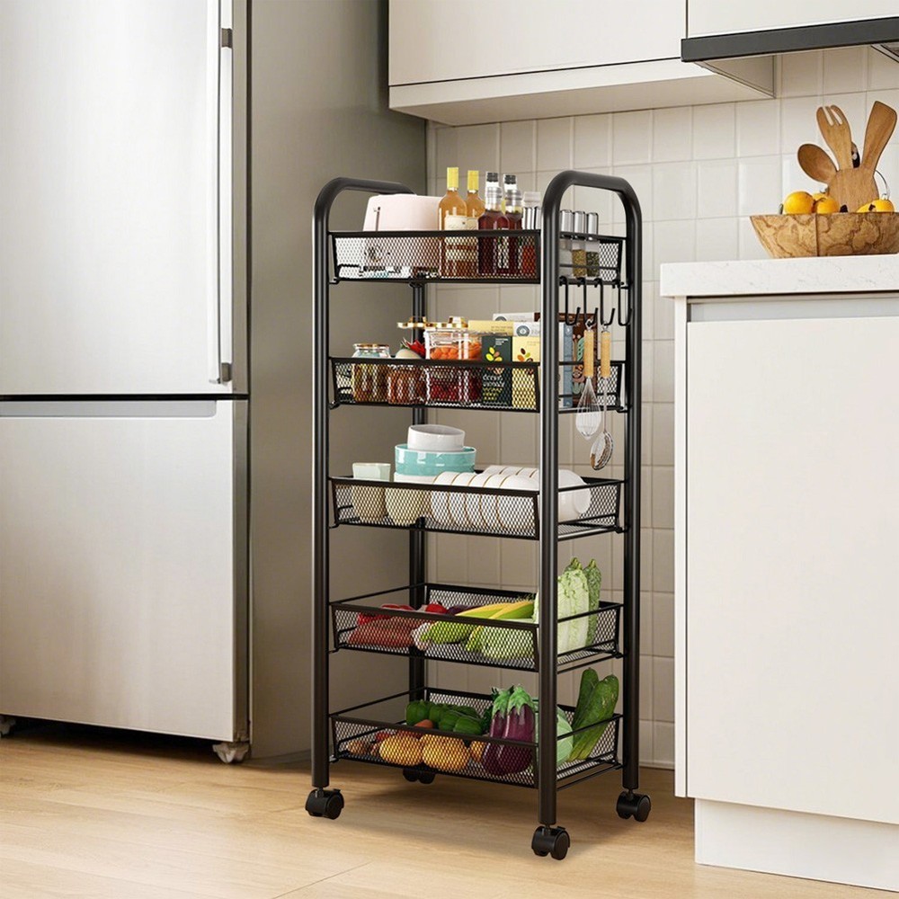 5 Tiers Kitchen Rolling Storage Cart Trolley Rack Fruit Vegetable Shelf Black