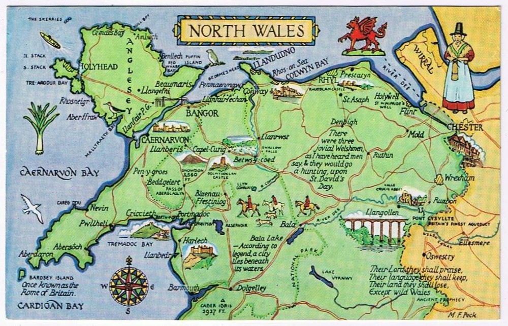 United Kingdom UK Postcard Wales Pictoral Map Of North Wales
