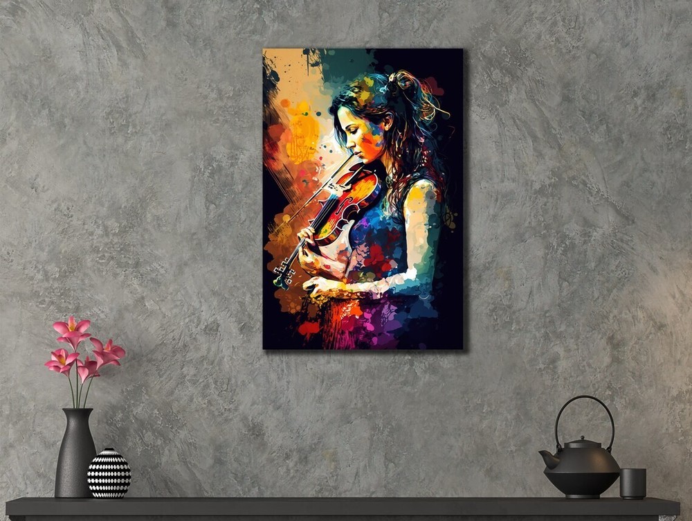 Woman With Violin Art Vibrant Abstract Unframed Canvas Print Australian Wall Art-image