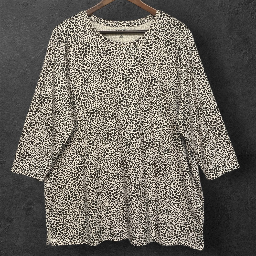 Land's End Top Women Size 1X Black White Animal Print 100% Cotton Made in Peru