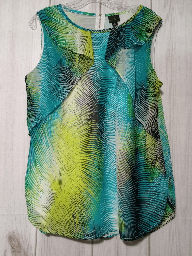 Worthington Womens XL Teal Lime Green Palm Print Ruffle Front Sleeveless Blouse