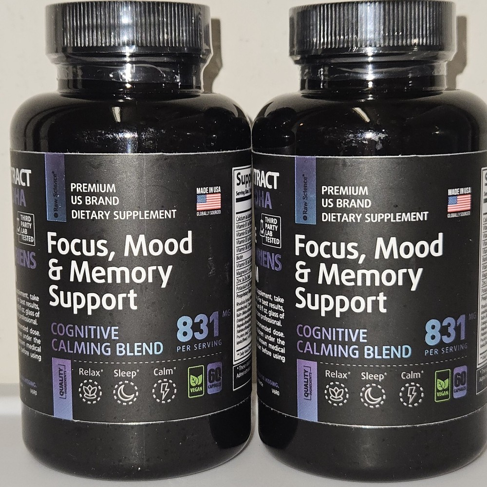 Lot of 2 Raw Science Focus, Mood & Memory Support 60 Capsules Each 05/2025