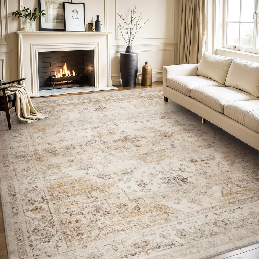 -Area Rug 5X7 Rugs for Living Room-Vintage Soft Beige Rugs for Bedroom-Non Slip
