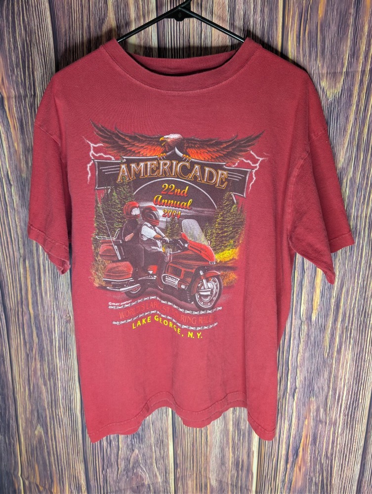 Vintage 2004 Americade Lake George NY Motorcycle Rally T-Shirt Medium Red Biker