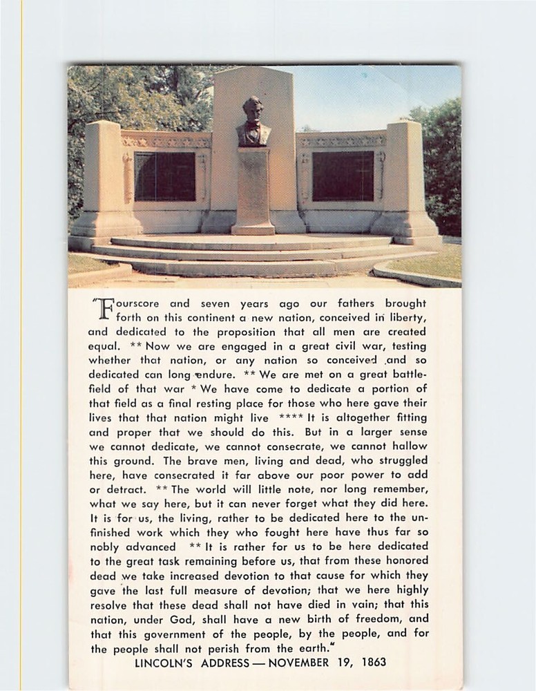 Postcard Lincoln Speech Memorial and Gettysburg Address Pennsylvania USA