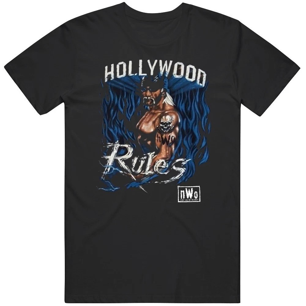 Hulk Hogan Hollywood Hulk Rules Blue Fire Retro Black T-Shirt, WWE Graphic Tee