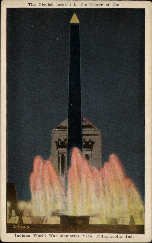 Indiana Indianapolis World War Memorial Plaza Fountain night 1920s ~ postcard