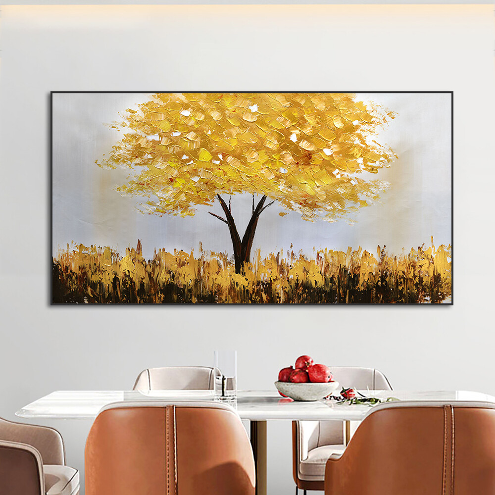 Abstract Thick Textured Golden Tree Oil Painting Handmade On Canvas Modern