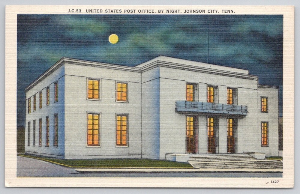 Johnson City TN Post Office by Night Linen Postcard Asheville PC Co 1930s