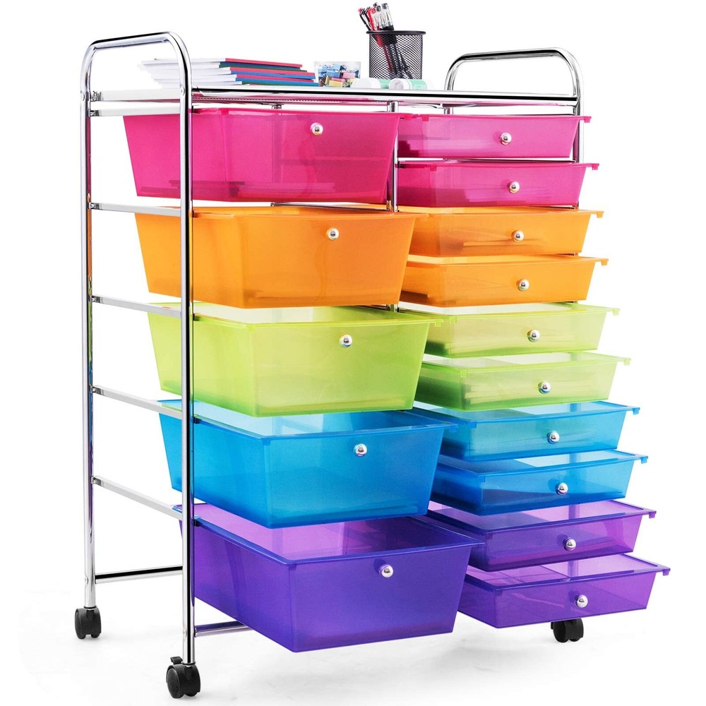 15-Drawer Mobile Storage Cart for Books Papers Organizer Utility Trolley