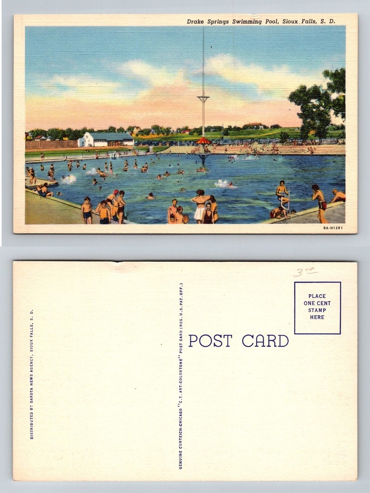 Sioux Falls SD-South Dakota Drake Springs Swimming Pool Bathers Vintage Postcard