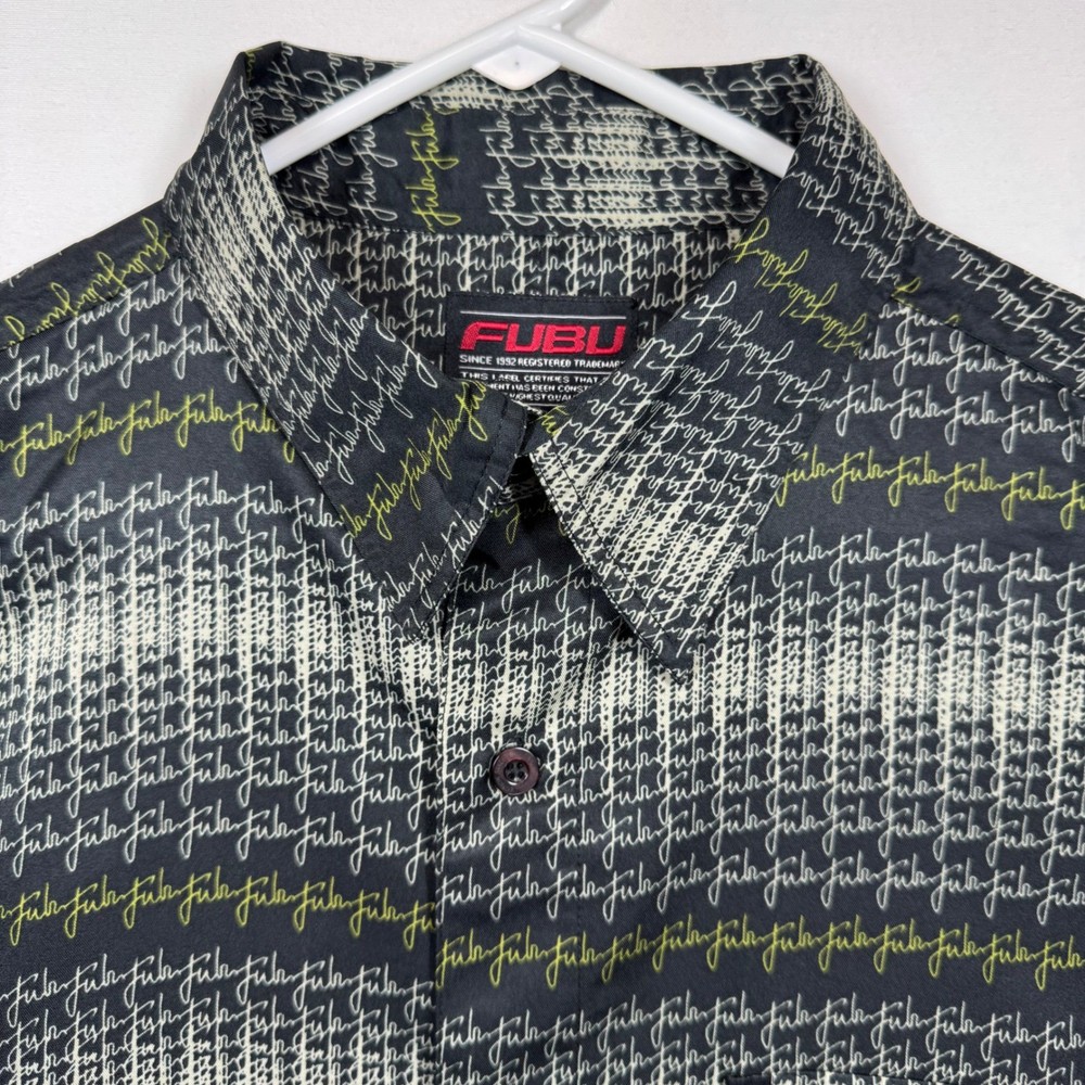 FUBU XXL Black Pattern Short Sleeve Button Up Shirt Hip Hop Streetwear Y2K