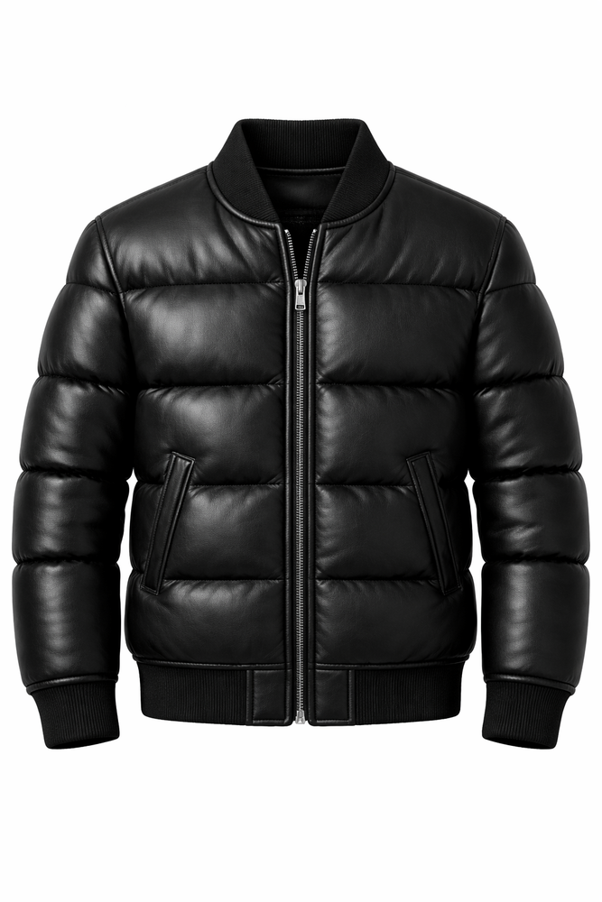 Men’s Black Sheepskin Leather Puffer Jacket – Zip Closure Handmade Winter Coat