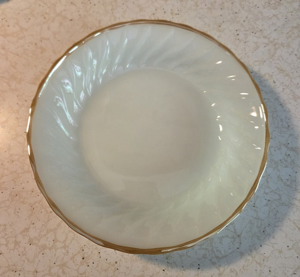 Vintage Anchor Hocking 7.5” Salad Bowl Swirl Milk Glass Gold Trim