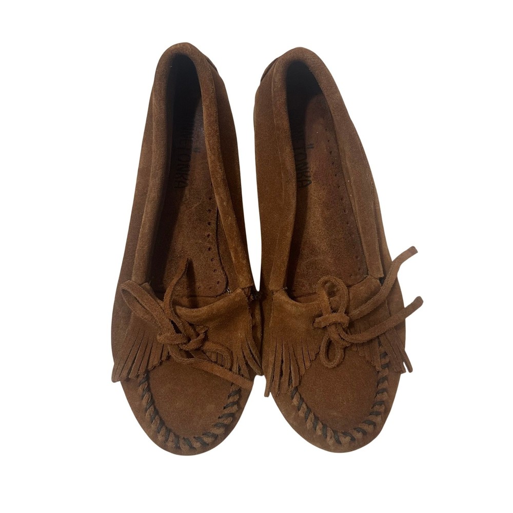 Minnetonka Kilty Brown Suede Moccasins Womens Size 6 Fringe Bow Flats Boho
