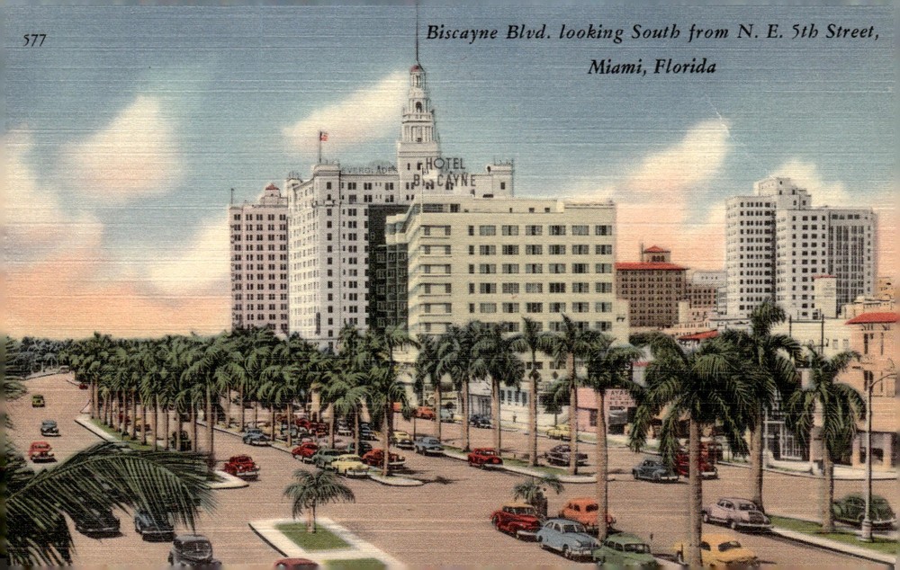 1940s Biscayne Blvd Miami Florida Hotel Biscayne Art Deco Linen Postcard
