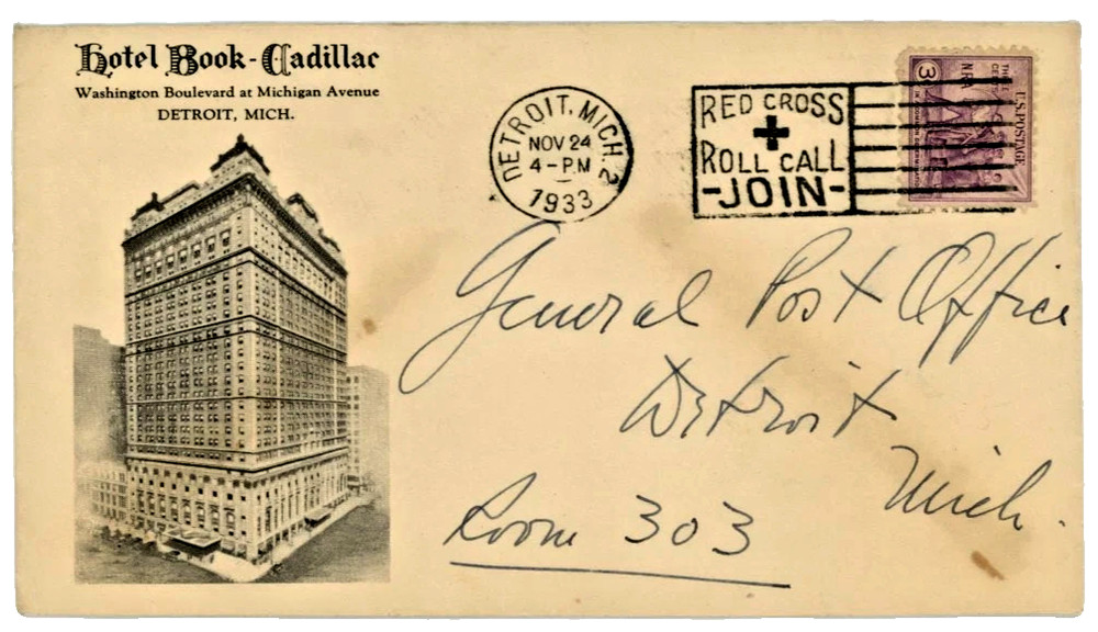 🚩💥Us 1933 Stamp Cadillac Hotel Fancy Slogan Cancel Room/№ 💥