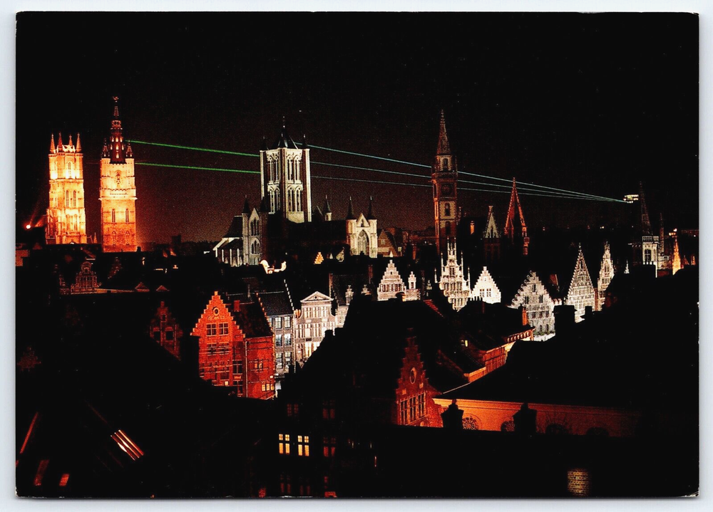 VINTAGE OLD ANTIQUE POSTCARD CITY BUILDINGS LASER BEAM AT NIGHT BRUSSELS BELGIUM