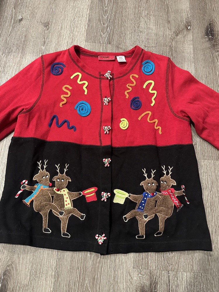 Vintage Christmas Cardigan Candy Cane Buttons Dancing Reindeers Size Large